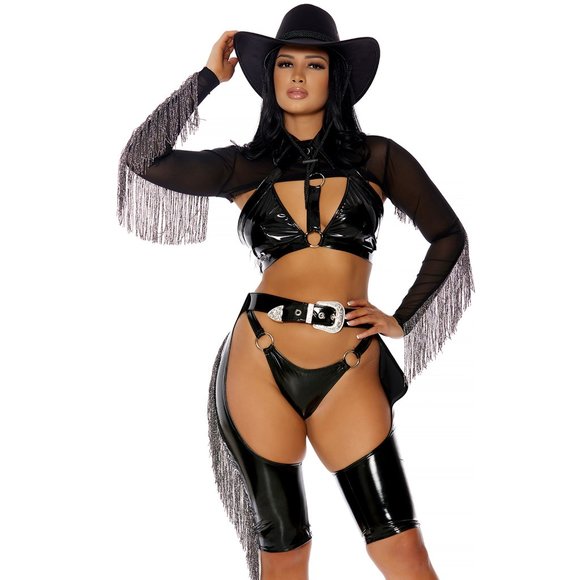 Black Cowgirl Cowboy Costume Fringe Chaps and Vinyl Bikini Set XS/S - Picture 1 of 4